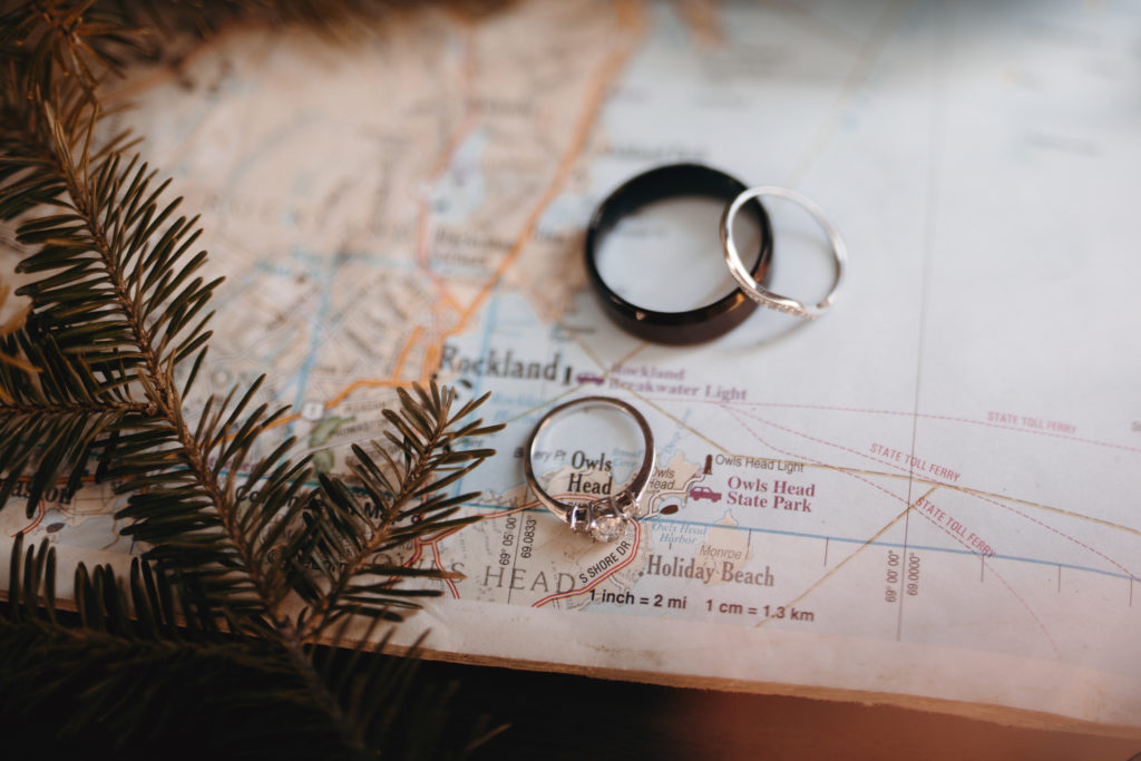 Elopement photography detail photo of rings on map of Owls Head, Maine, the location for this couple's elopement.
Owls Head, Maine elopement. Midcoast Maine wedding photographer. Maine elopement photographer. Maine adventure photographer.